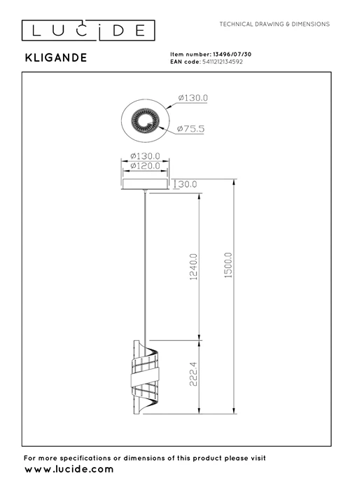 Lucide KLIGANDE - Hanglamp - Ø 13 cm - LED - 1x9W 2700K - Zwart - technisch